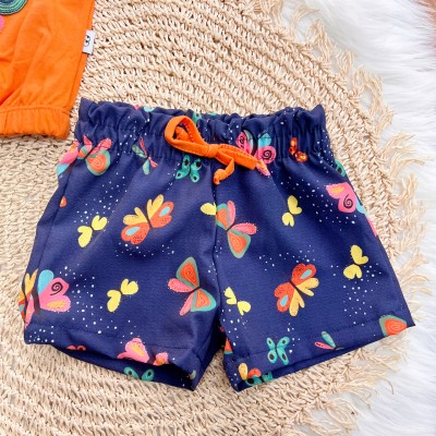 Conj. Blusa Borboleta e Short Borboletinhas - Laranja e Marinho